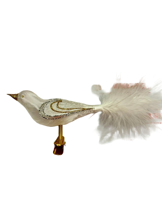 Birds on Clip (I) | Large White, Silver and Clear Birds with Feather Tail