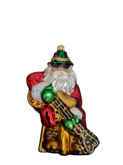 Handmade European glass ornament of Santa wearing sunglasses with a guitar