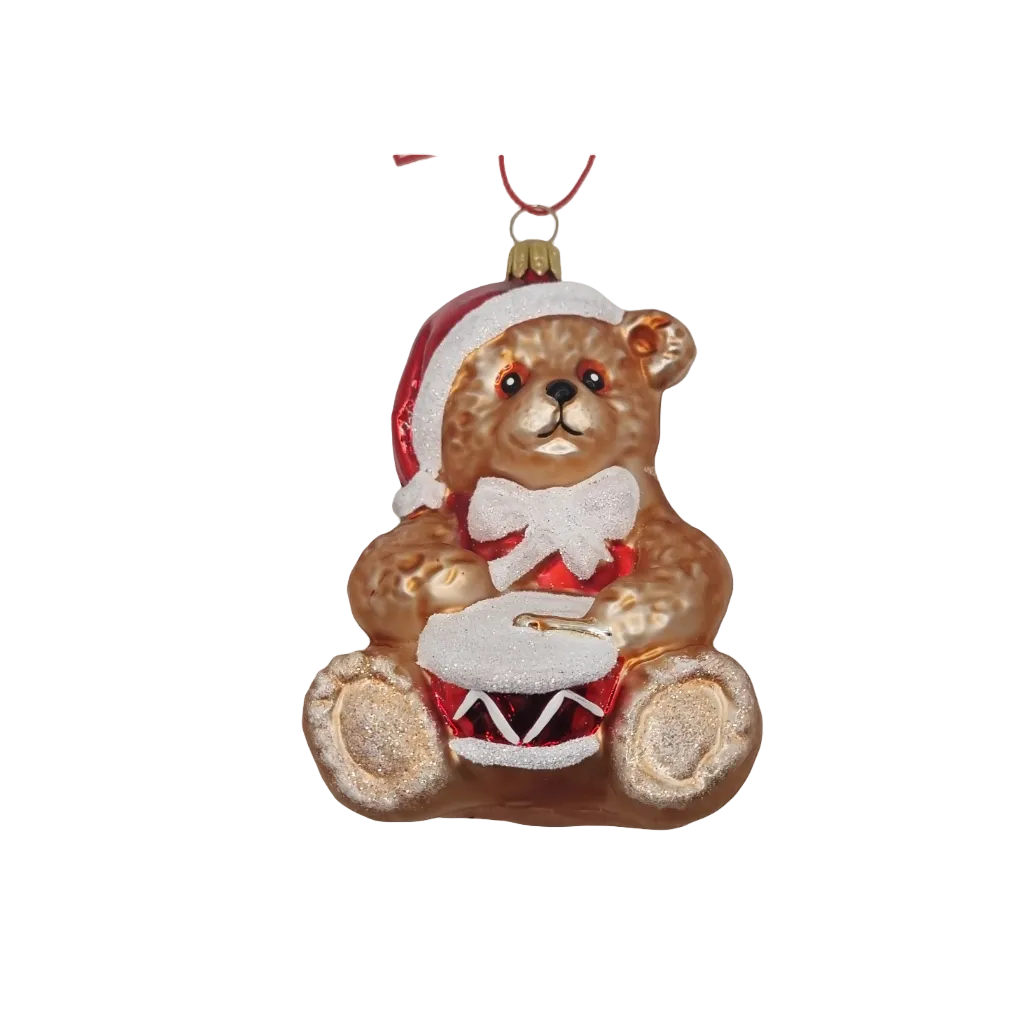 European Glass Christmas ornament of a Bear | Teddy Bear with Drum & Santa Hat (Q)