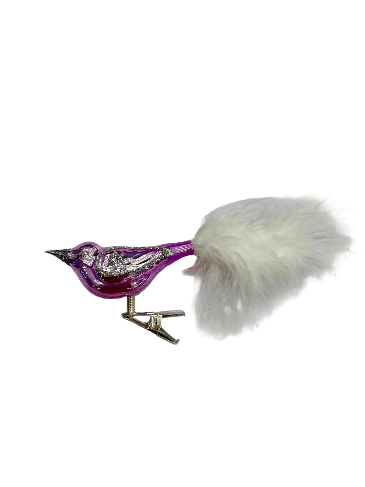 Decorative glass Christmas ornament with a purple and silver design 