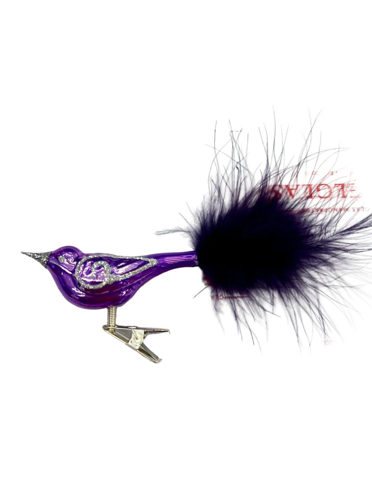 Purple bird-shaped glass Christmas ornament with feathers 