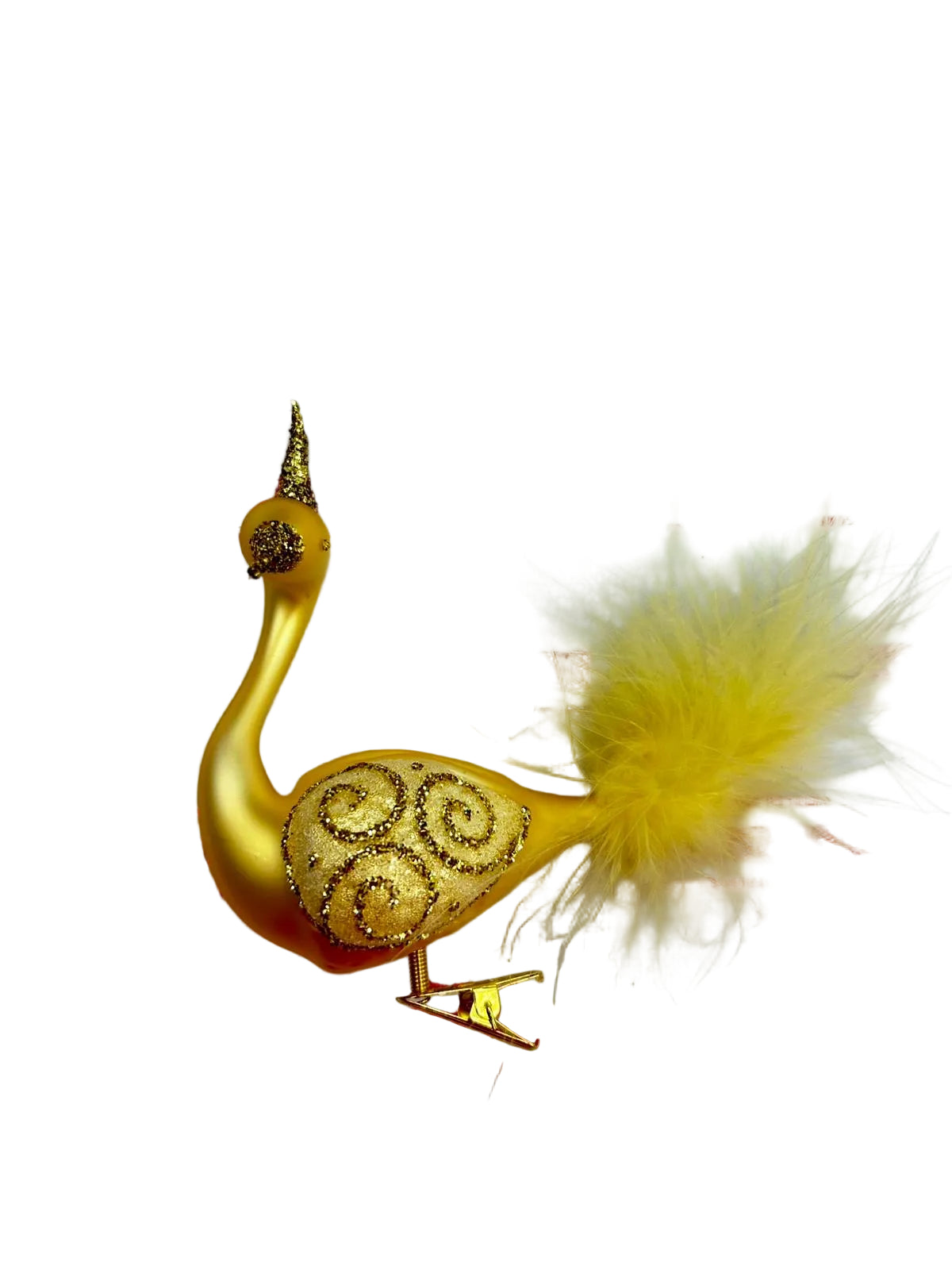 Gold bird feather decoration on a white background