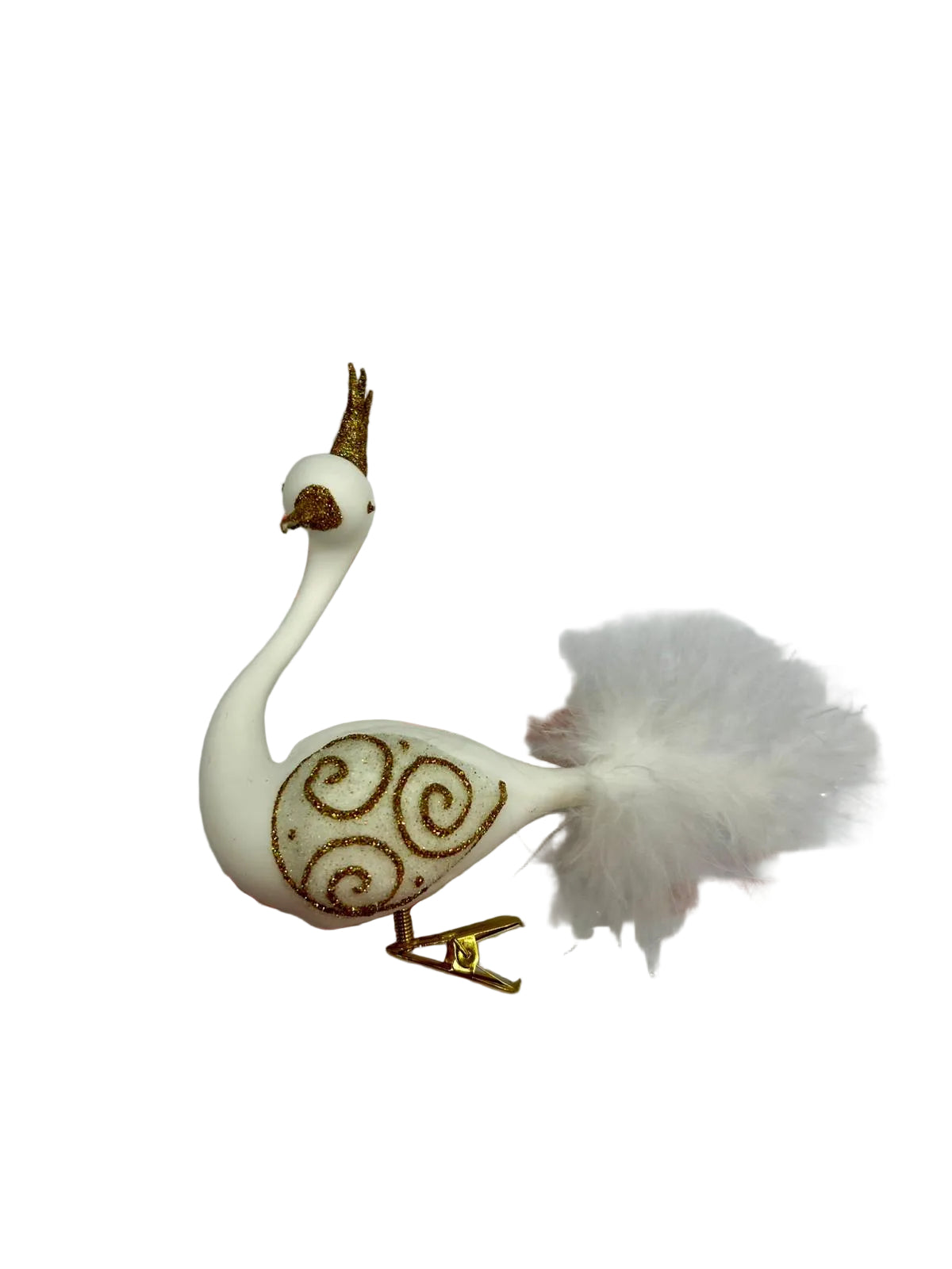 Decorative item resembling a bird with a feather on a branded background