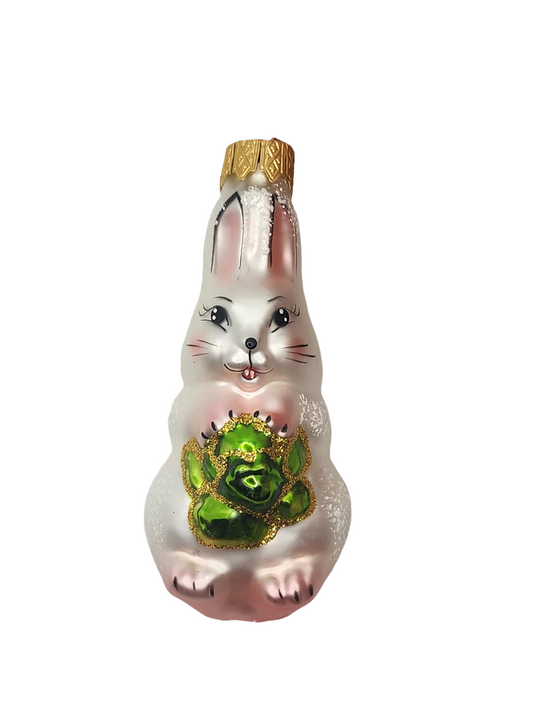 European Glass Christmas ornament of a Rabbit with Green Flower (F)