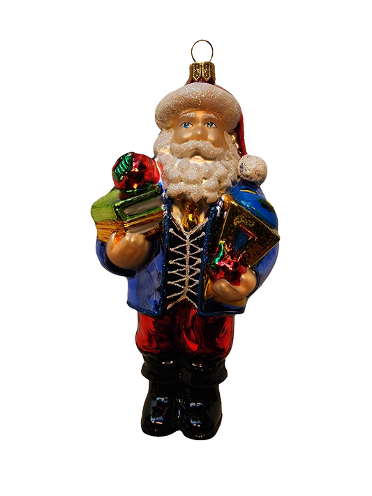 European Glass Christmas ornament of a Santa with Books and Apple (V)