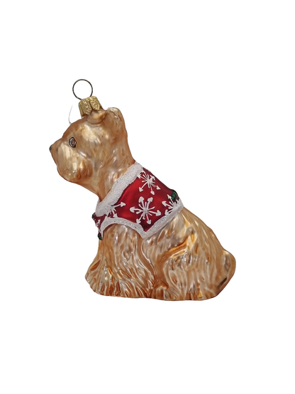 European Glass Christmas ornament of a Dog Terrier in Christmas Jacket (P)