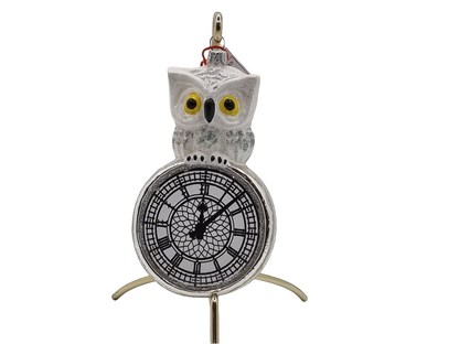 European Glass Christmas ornament of a Owl on clock (U)