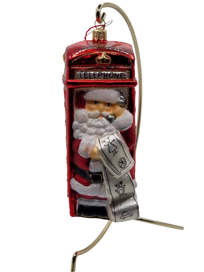 European Glass Christmas ornament of a Santa London phone booth (W)