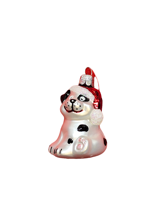 European Glass Christmas ornament of a Dog | Black & White Cartoon Puppy in Santa Hat (J)