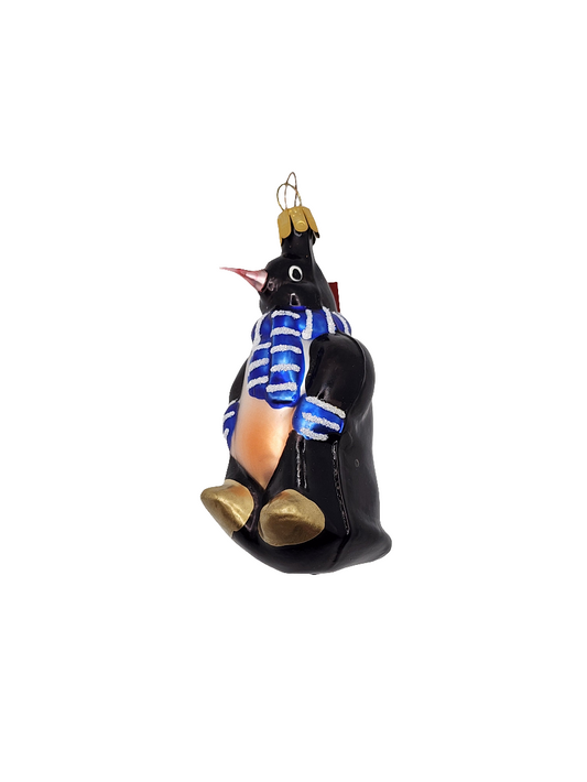 European Glass Christmas ornament of a Penguin scarf blue (Q)