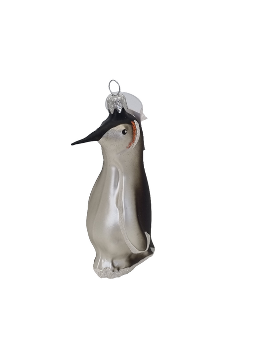 European Glass Christmas ornament of a Penguin tall snow feet (E)