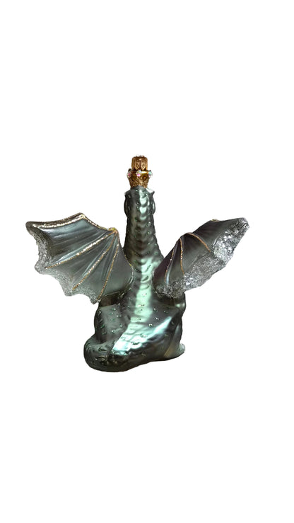 A green dragon-shaped glass Christmas ornament
