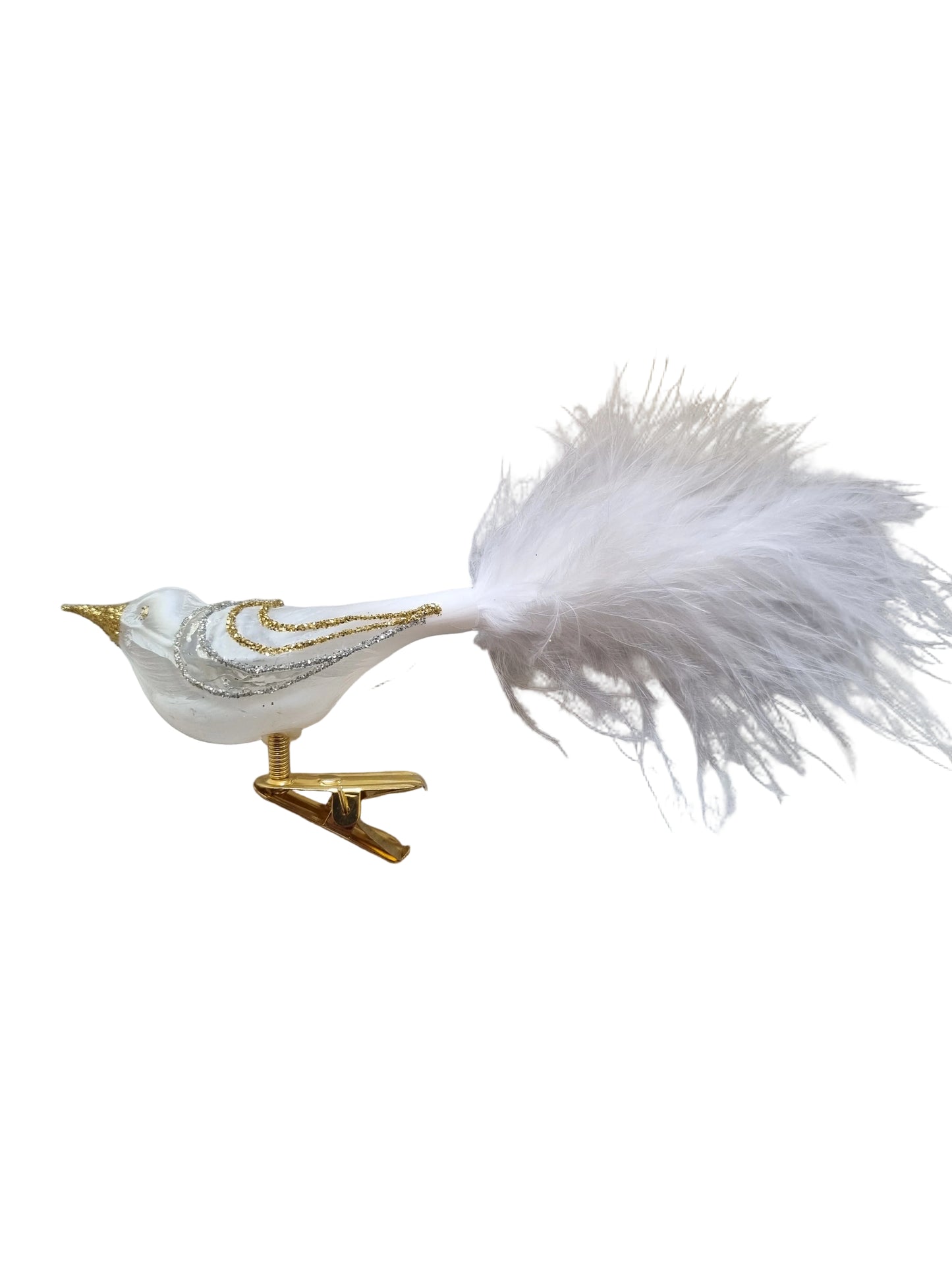 Colorful bird-shaped glass Christmas ornament on a clip