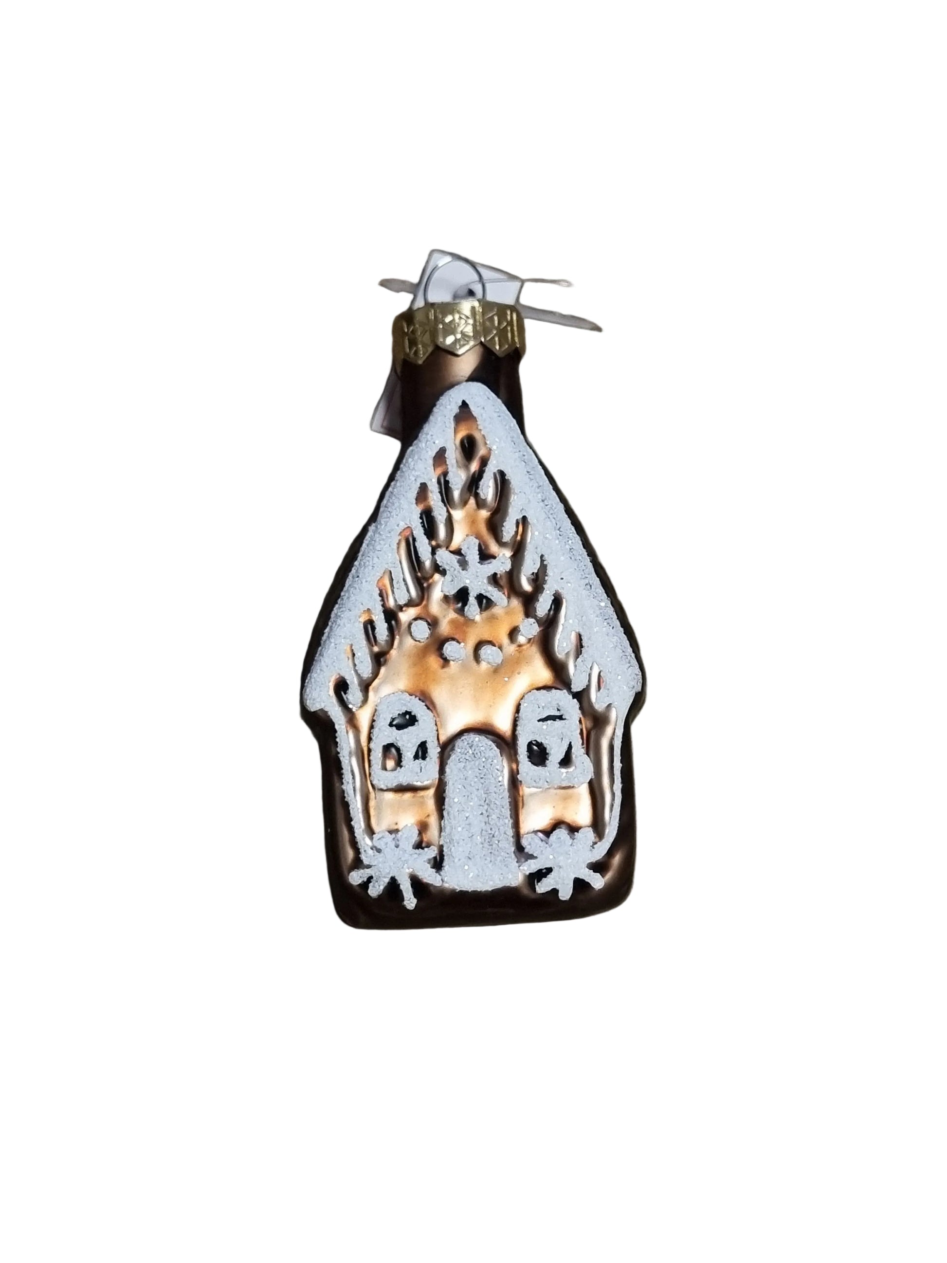 Decorative glass ornament shaped like a gingerbread house 