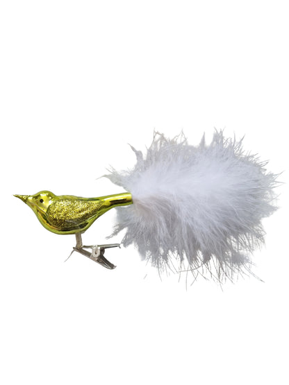 Colorful bird-shaped glass Christmas ornament on a clip