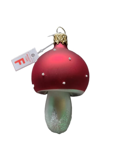 European Glass Christmas ornament of a Mushroom | Assorted Design with Red Cap & White Stem (F)