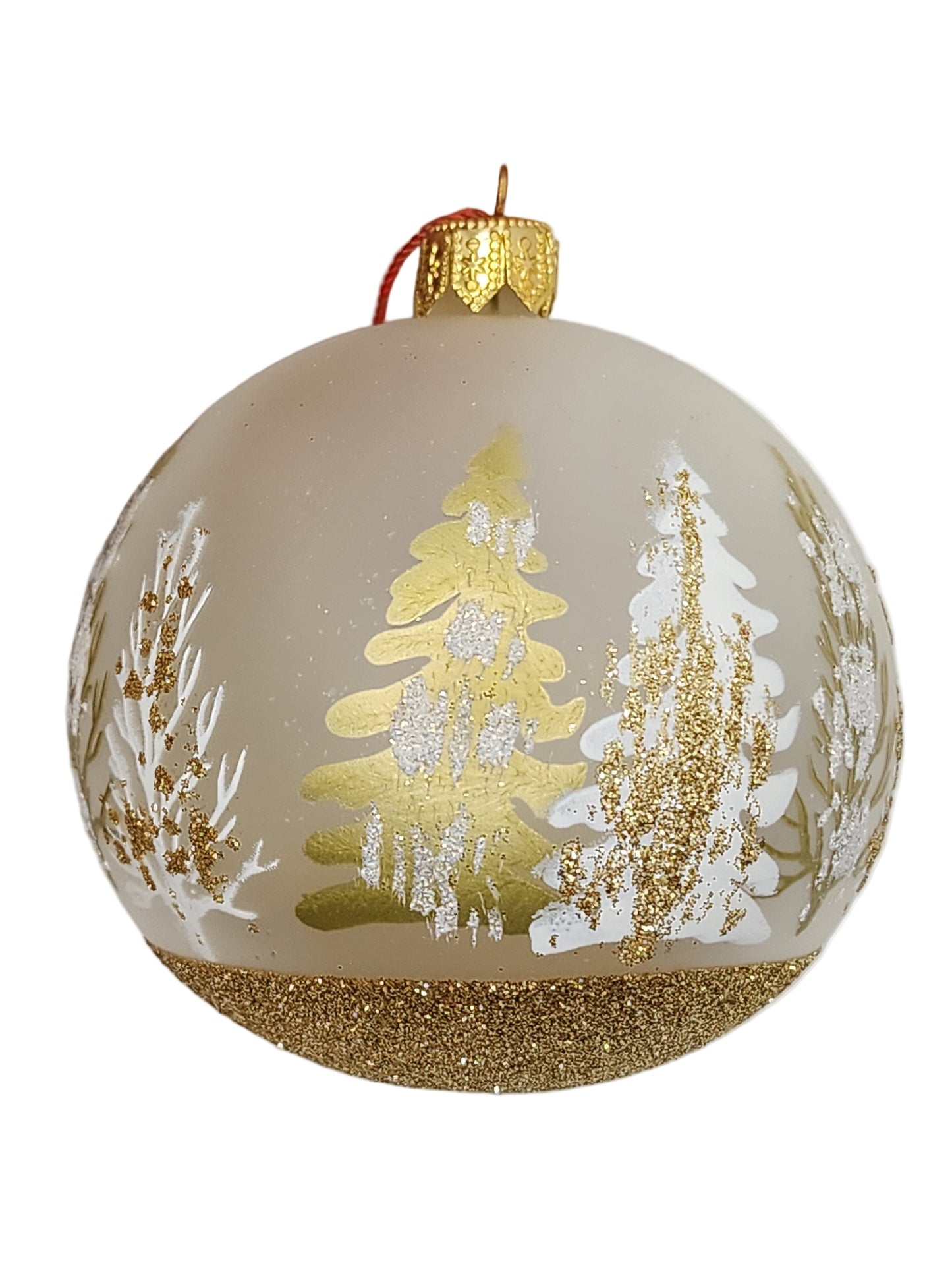 Decorative ornament with gold and white designs against a white background
