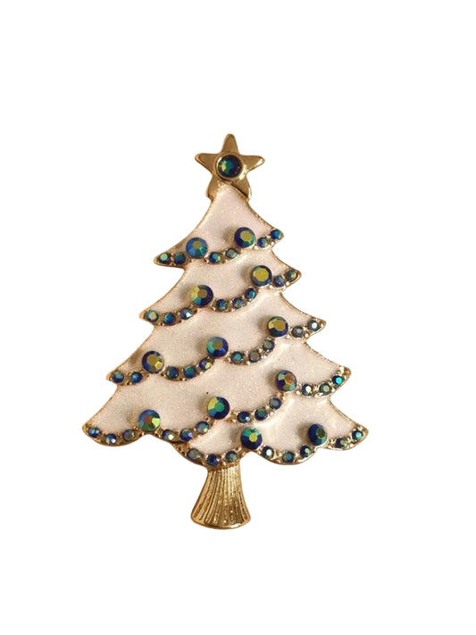 White Christmas Tree with Blue Crystals | Brooch V