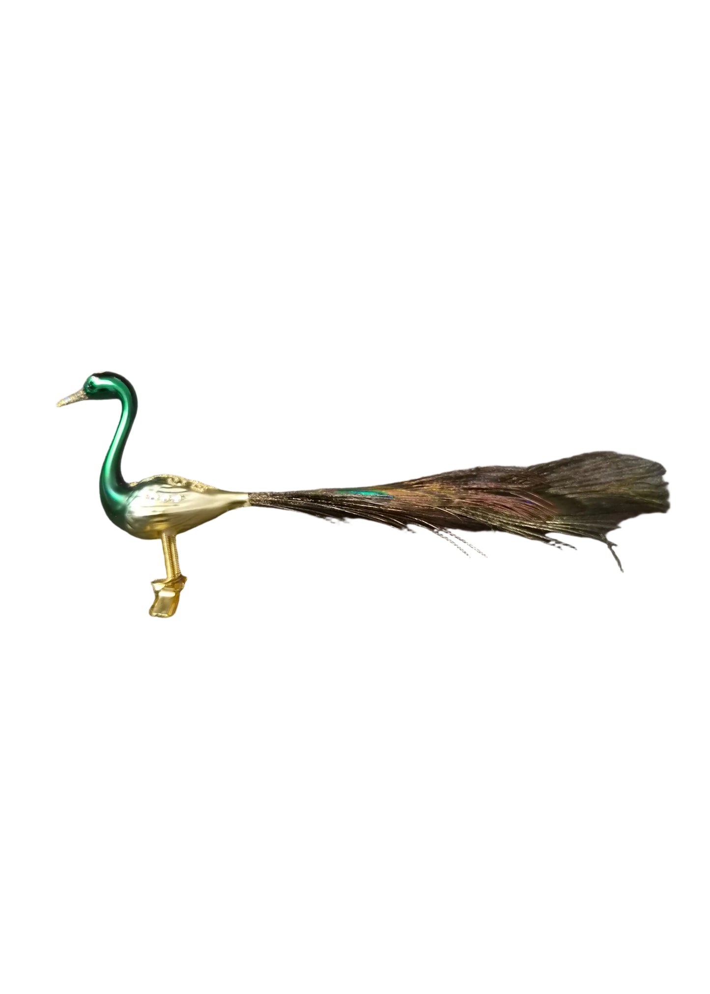 A decorative peacock figurine with a green neck, gold body, and peacock tail feathers