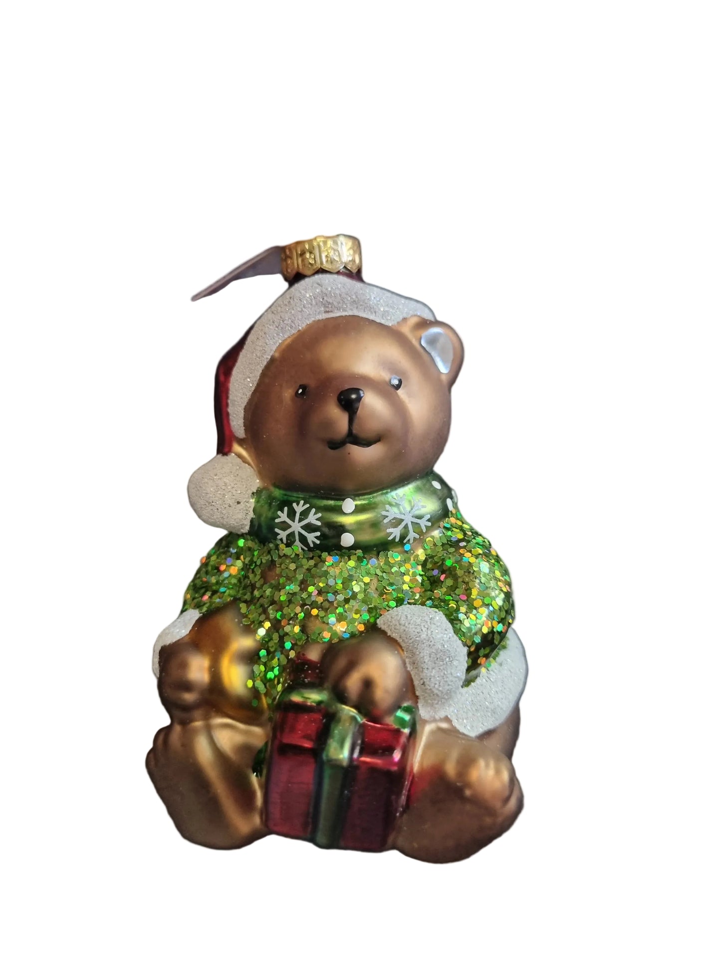 Decorative bear ornament with green sweater and red gift