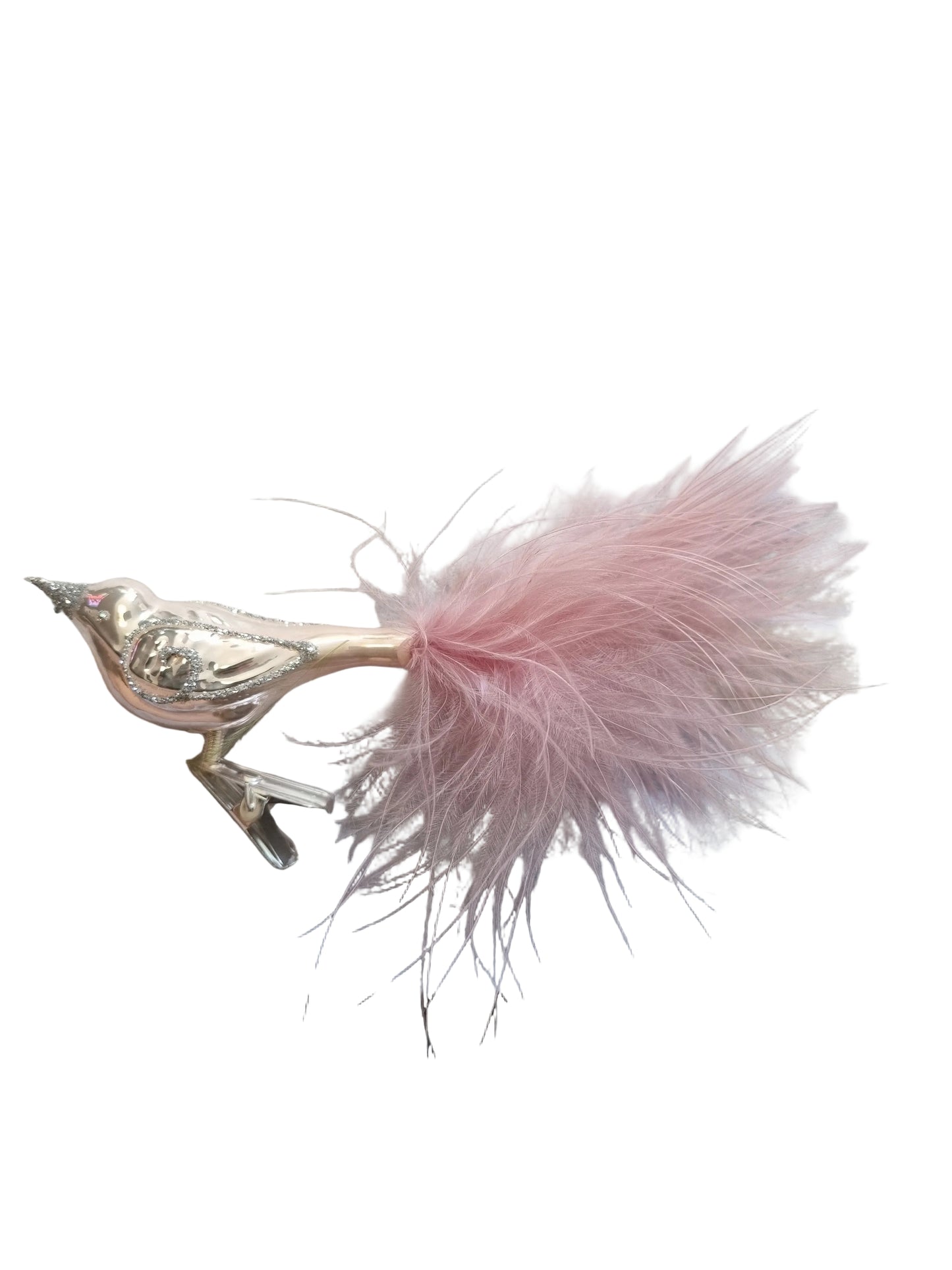 Decorative bird with pink feathers and a metallic clip base