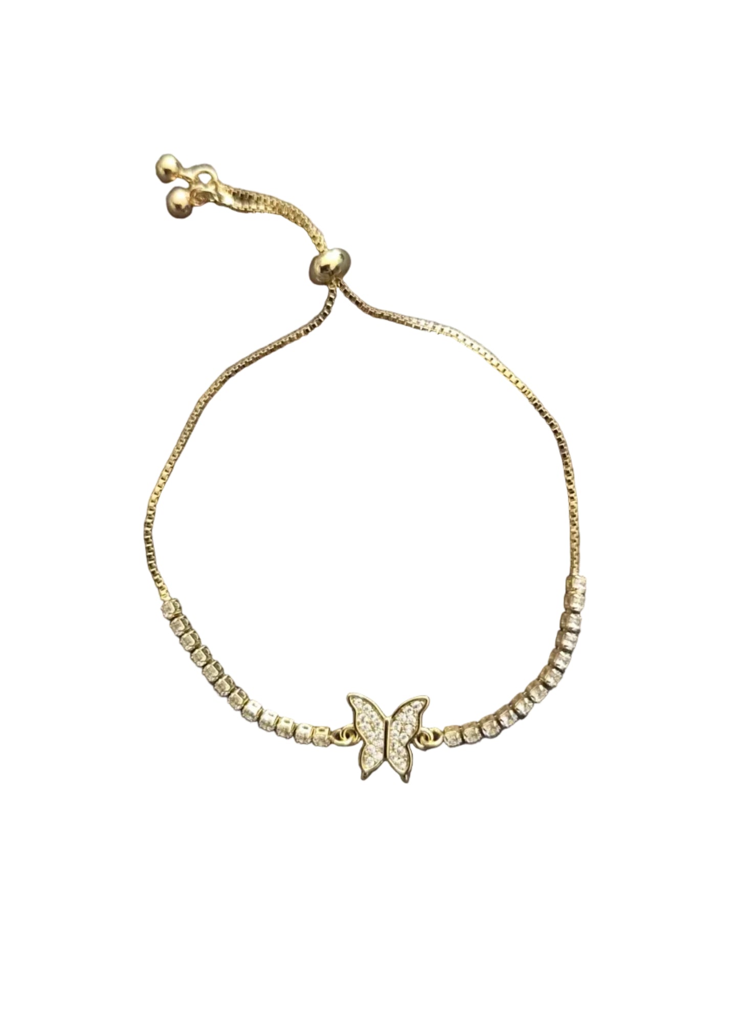 A delicate gold-tone adjustable bracelet featuring a small butterfly charm set with clear stones background.