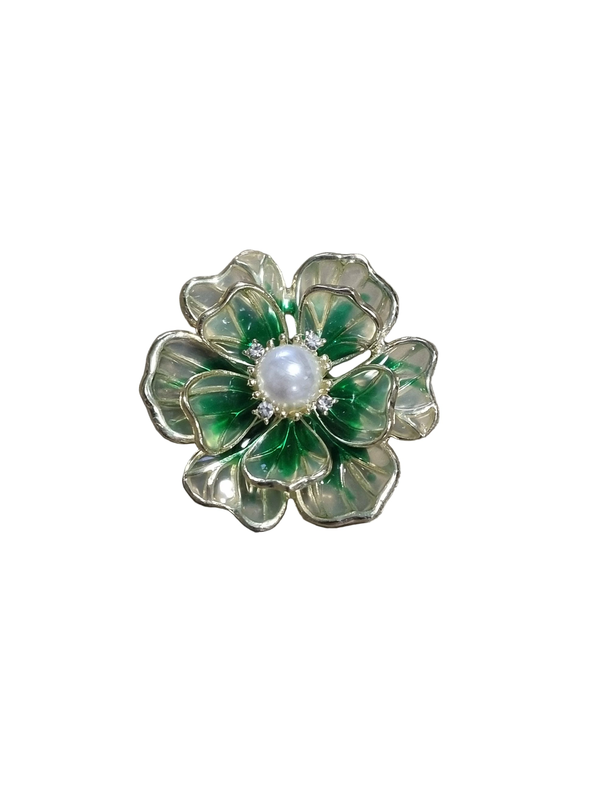 Green flower-shaped brooch with a central pearl 
