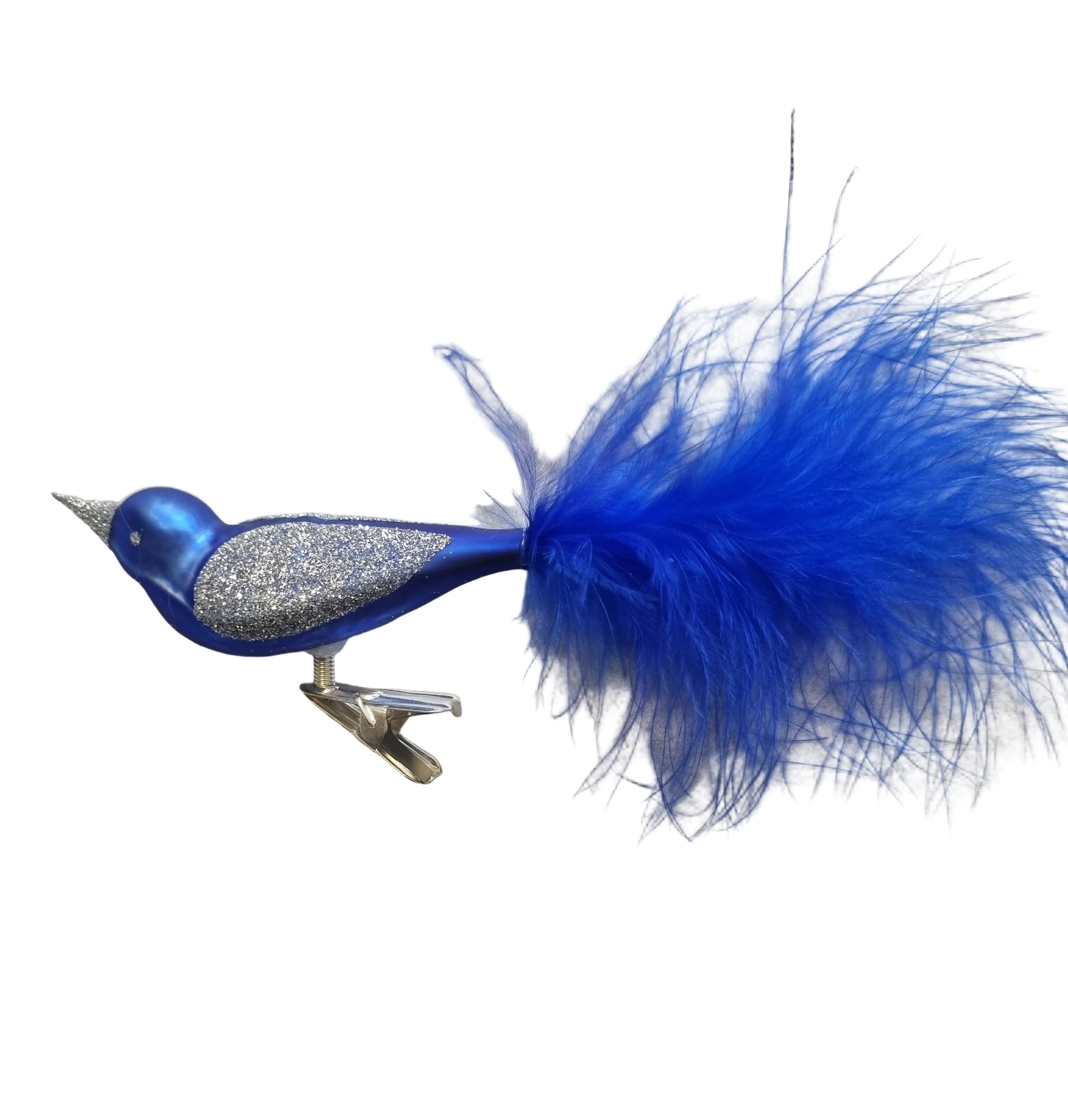 Blue feathered bird on clip