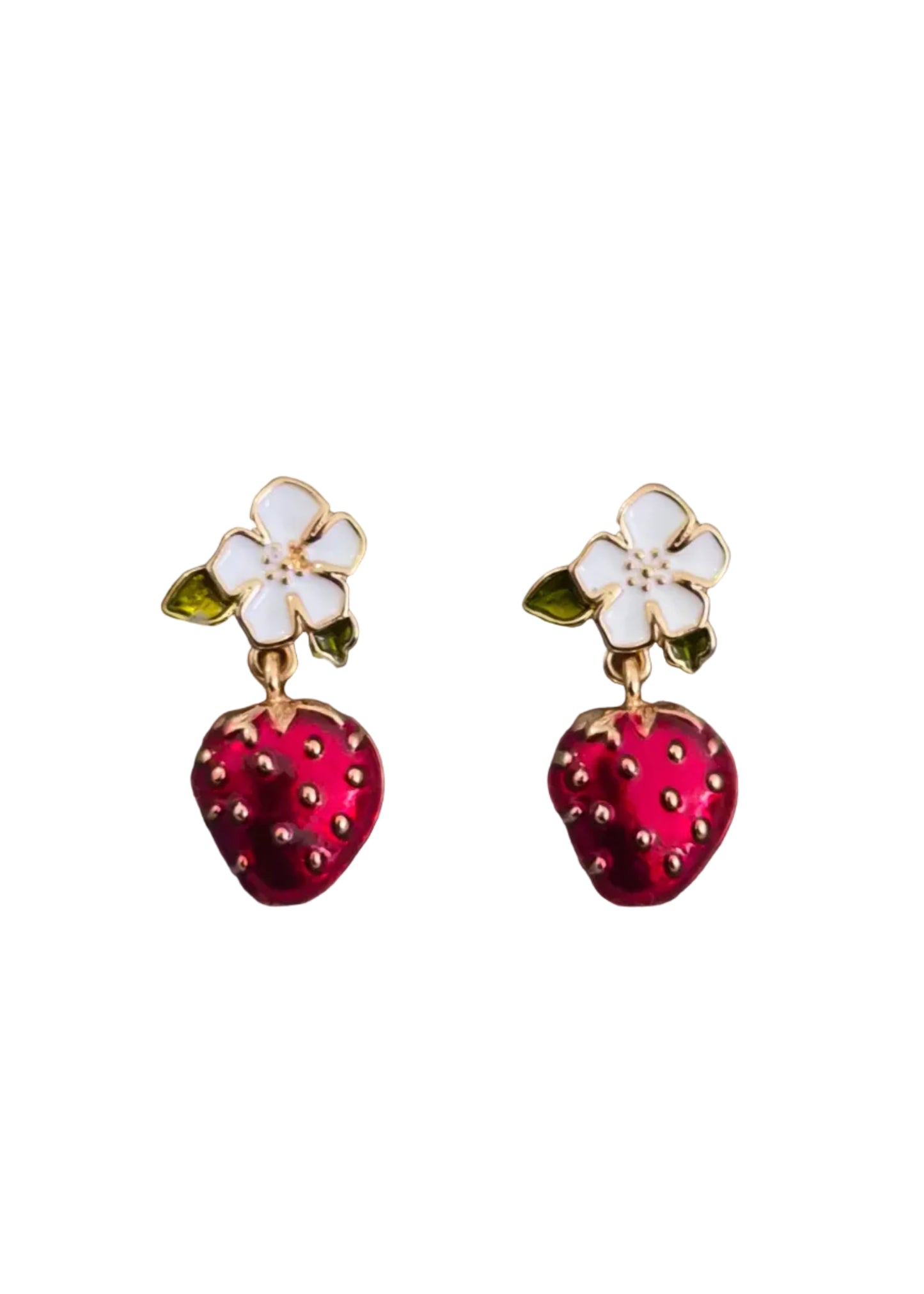 A pair of strawberry and flower drop earrings. Each earring features a gold-tone metal setting with a white enamel flower and a dangling red enamel strawberry with small gold seed details.