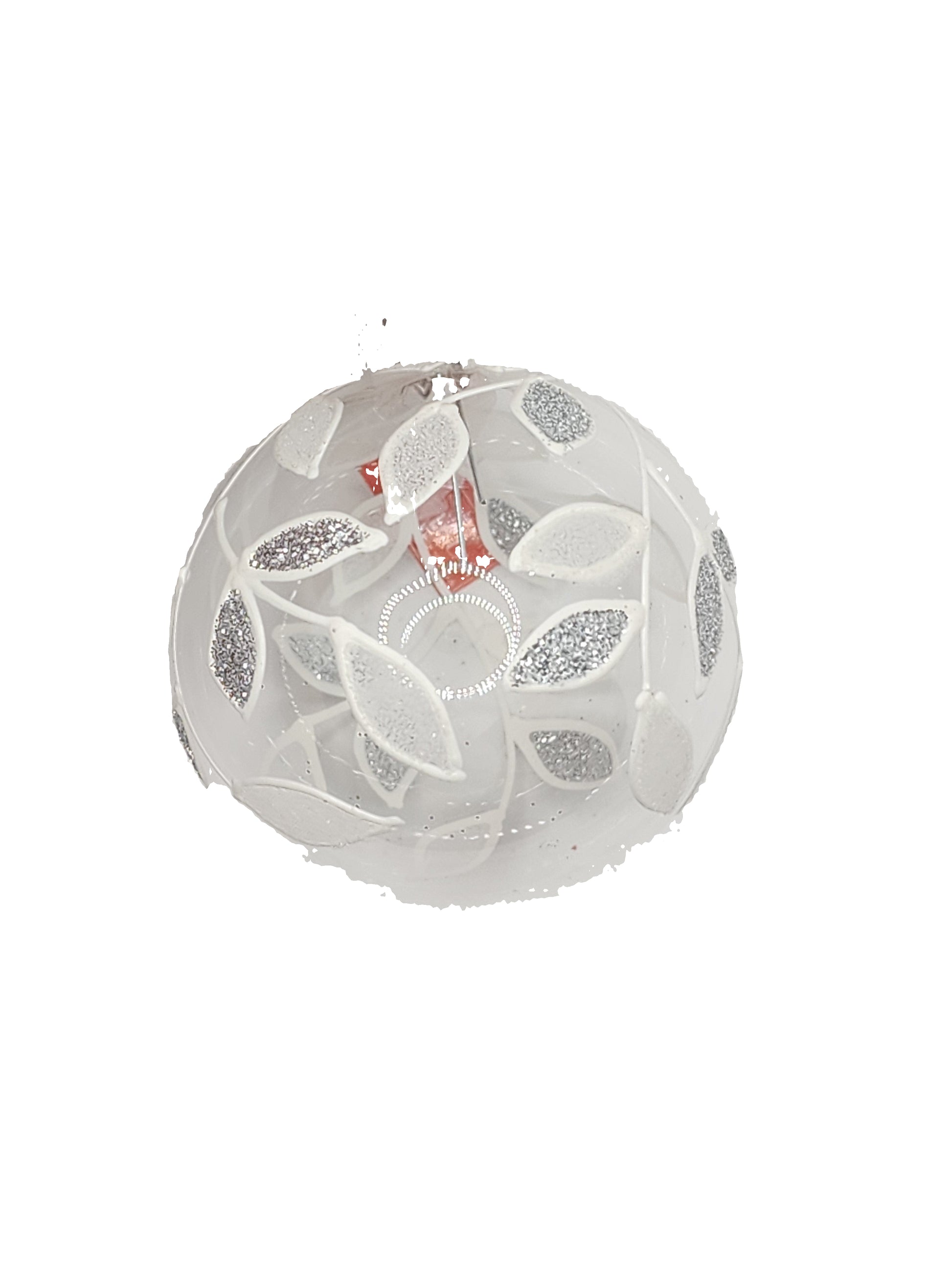 A clear glass ball with floral patterns on a white background