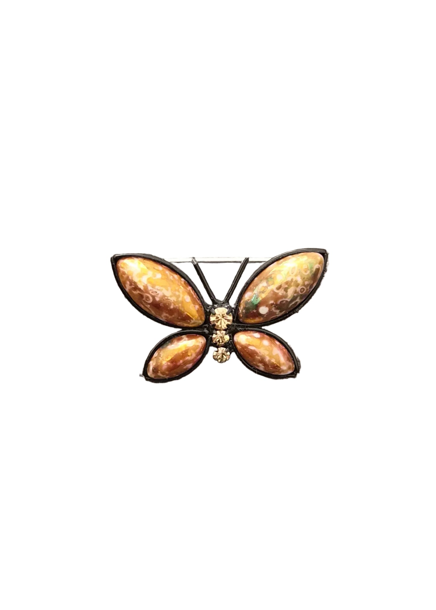 A butterfly-shaped brooch with four iridescent orange-brown wings and a small gold center.