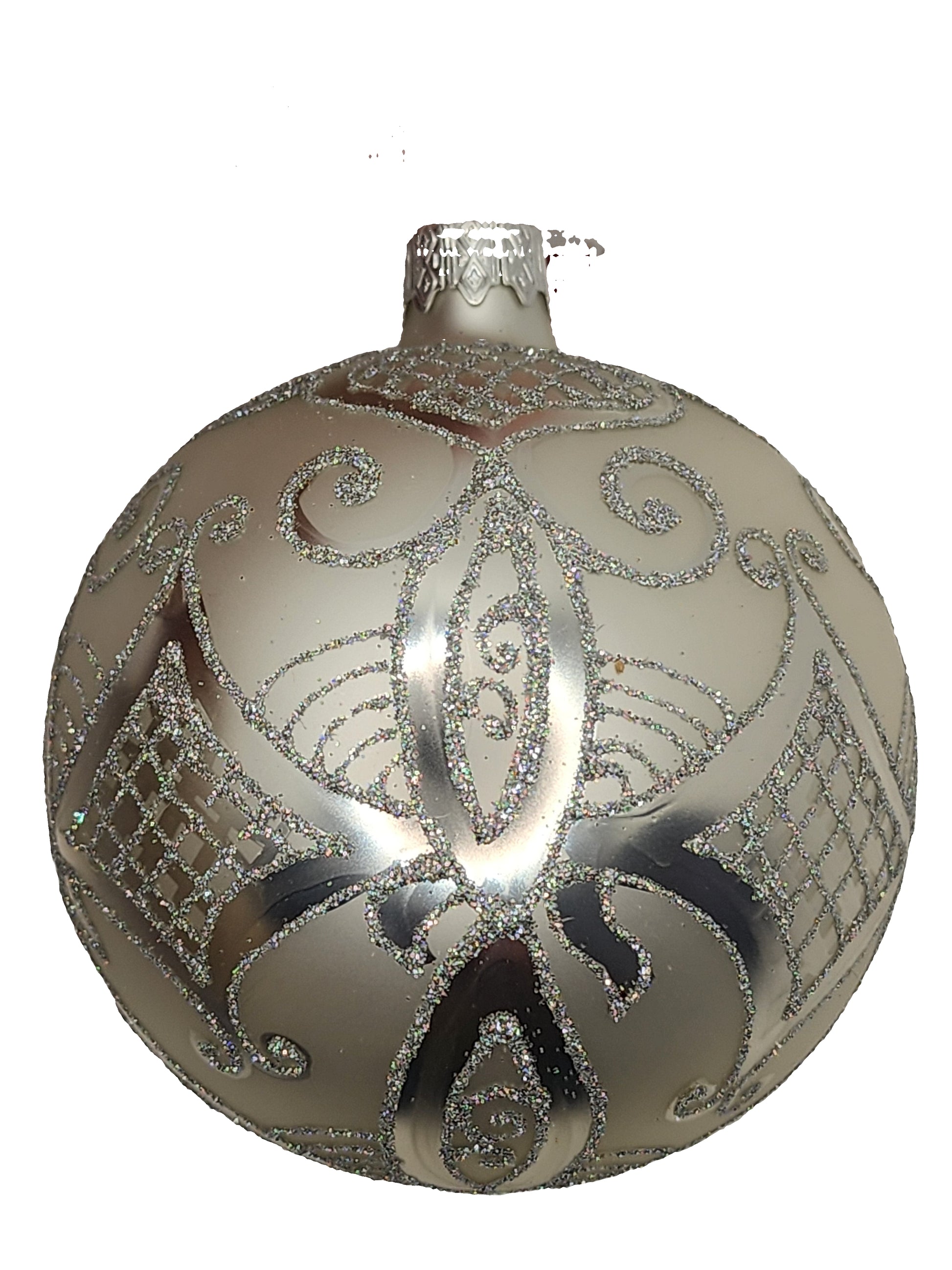 Decorative silver Christmas ball ornament on a white background